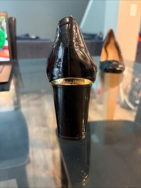 Calvin Klein Black Patent Leather Block Heel Pumps with Gold Accent